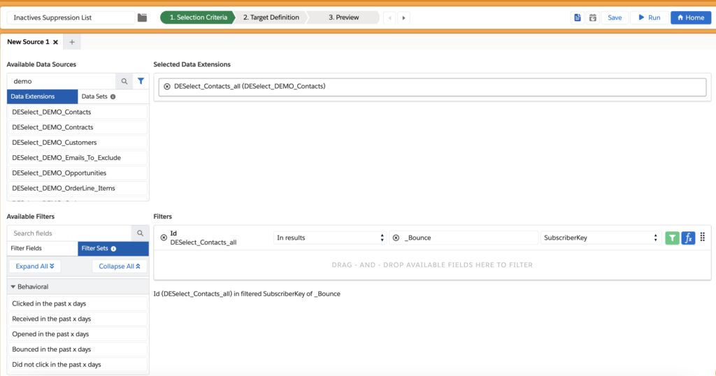 creating suppression list in deselect